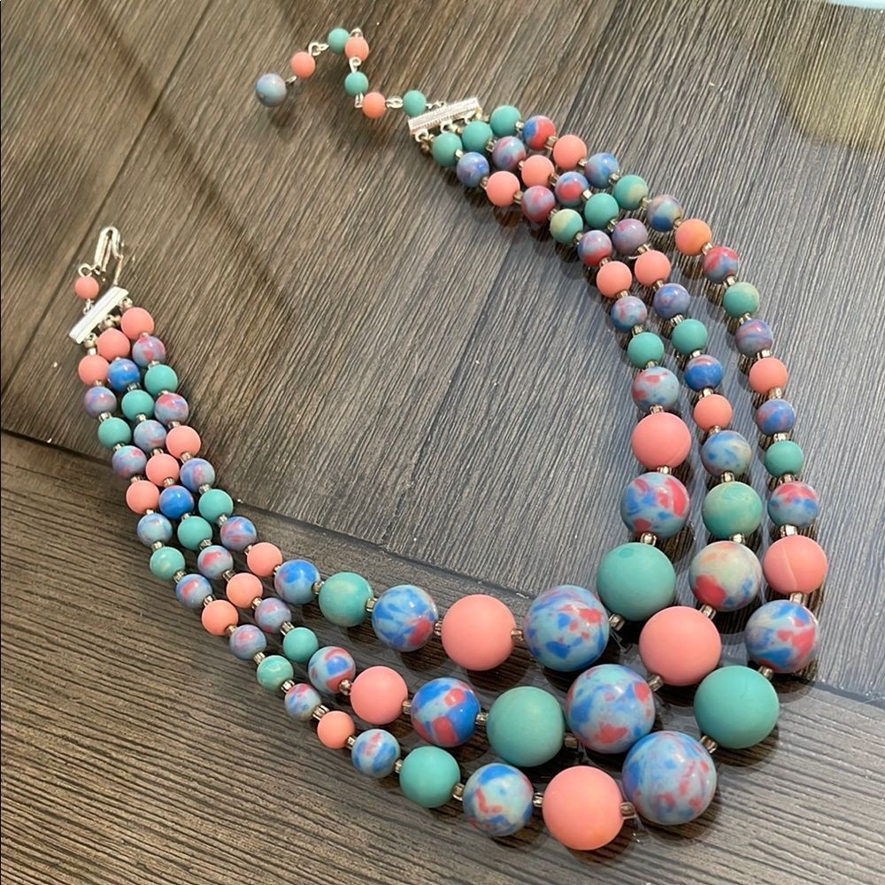 Vintage Japan Three Strand Pastel Candy Colored Beaded Necklace